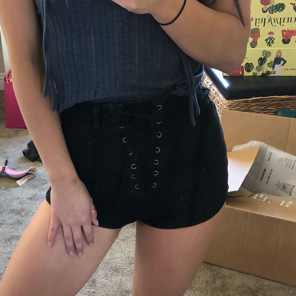 Black lace up denim shorts